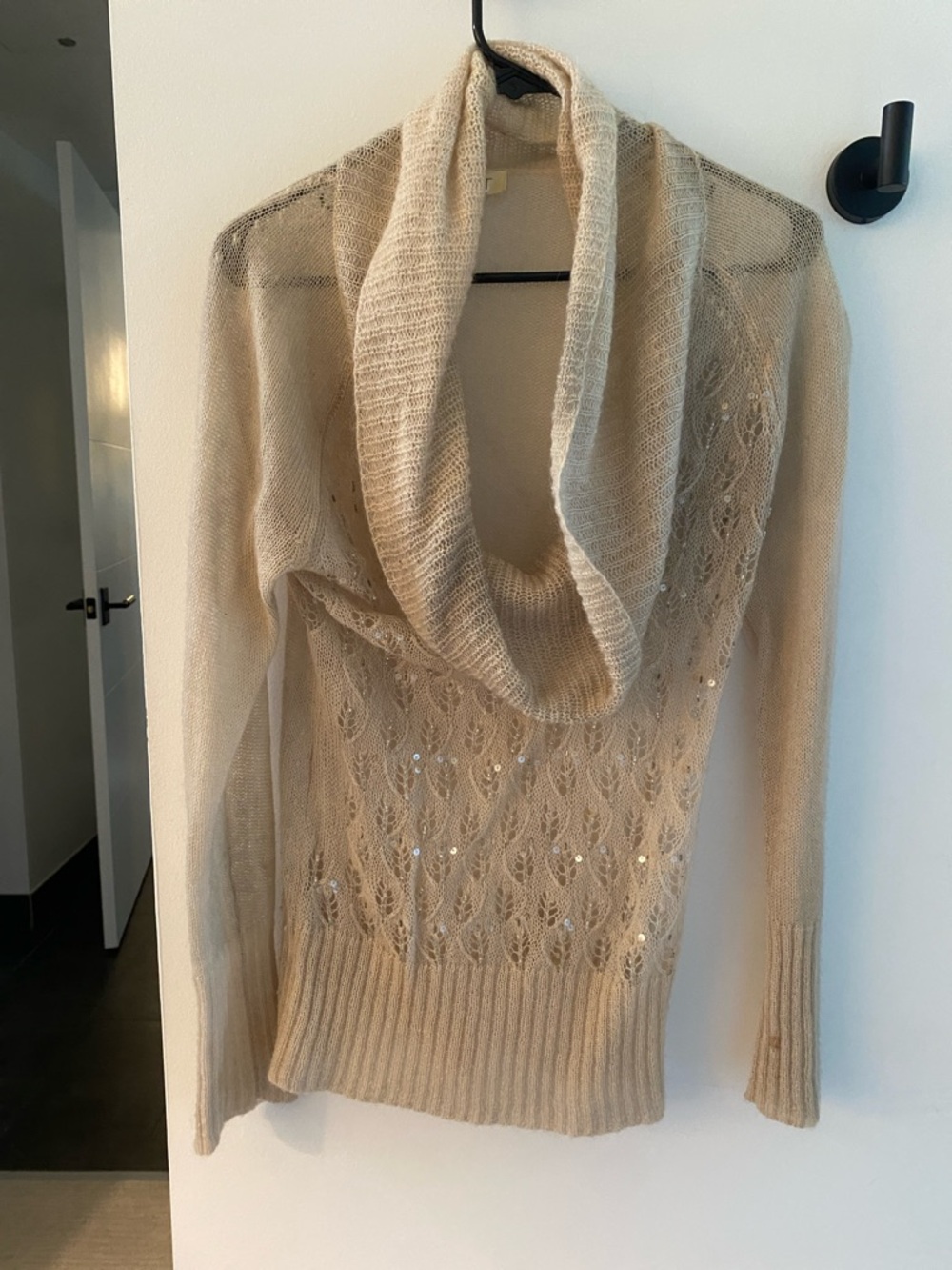 LOFT Light Beige Cowl Neck Sweater with Sequined Open Knit